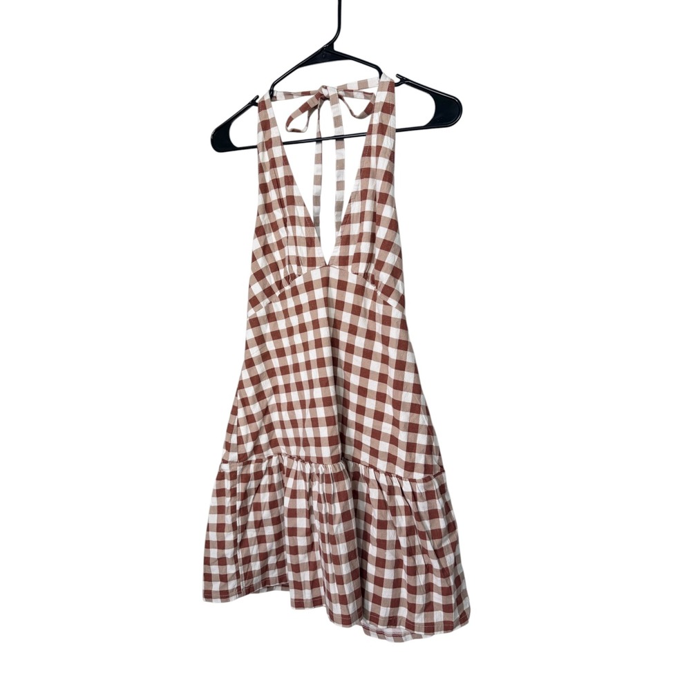 Free‎ People Cecil Mini Dress Brown Patina Combo Gingham Halter Size M - Picture 3 of 6